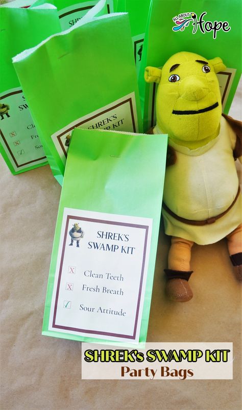 Shrek themed party bag with a printable listing, clean teeth, fresh breath, and sour attitude. Shrek Goodie Bags, Shrek Treats Party Ideas, Shrek Swamp Party, Shrek Party Favors Goodie Bags, Shrek Party Favors, Shrek Themed 21st Birthday, Shrek Party, Hope Box, Themed Snacks