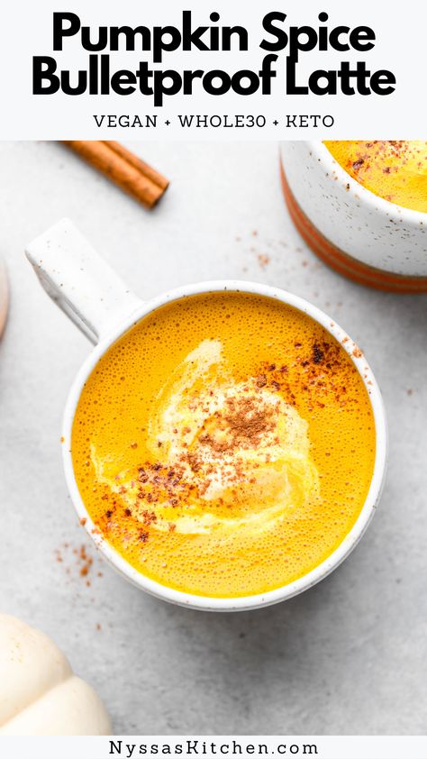 This pumpkin spice bulletproof latte is a delightful, healthy twist on a seasonal favorite! Made with all natural ingredients that are dairy free and refined sugar free. Easy to make and full of perfectly spiced pumpkin-y flavor! Option to make without pumpkin puree. Vegan, paleo Whole30 option, keto option. Copycat Starbucks Pumpkin Spice Latte, Vegan Pumpkin Spice Latte, Healthy Pumpkin Spice Latte, Pumpkin Spice Creamer, Starbucks Pumpkin Spice Latte, Vegan Pumpkin Spice, Starbucks Pumpkin Spice, Pumpkin Spiced Latte Recipe, Starbucks Pumpkin