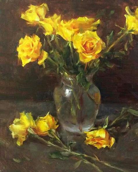 Yellow Flowers Painting, Acrylic Art Projects, Painting Competition, Still Life Photos, Still Life Oil Painting, Southwest Art, Still Life Art, Rose Art, Rose Painting