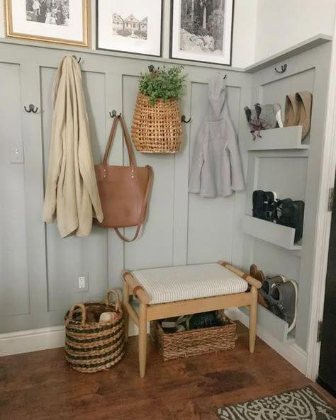 Leslea | A Heart Filled Home on Instagram: "Operation Store All The Shoes is complete! 👏 We added shoe storage shelves, new hooks, and an extra basket to keep all the things organized 🙌 I love how it flows with the board and batten we installed a couple years ago! What do you think of our entry update?? #boardandbatten #entryway #diyprojects" Coat Closet Entryway Small Entry, Small Entry Hook Wall, Entry Way Hat And Glove Storage, Entryway Bench With Shoe Storage And Hooks, Small Mudroom Shoe Storage, Small Space Entryway Storage, Entry Wall Shoe Storage, Mud Room In Laundry Room, Entrance Hook Ideas