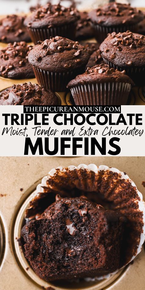 These triple chocolate muffins are moist, decadent and packed with chocolatey flavor. Melted chocolate, cocoa powder and chocolate chips make these muffins a chocolate lovers dream. Chocolate Donut Muffins, Coffee Chocolate Muffins, Olympic Chocolate Muffin Recipe, Olympic Chocolate Muffin, Recipes With Cocoa Powder, Chocolate Blueberry Muffins, Chocolate Chocolate Chip Muffins, Event Desserts, Triple Chocolate Muffins