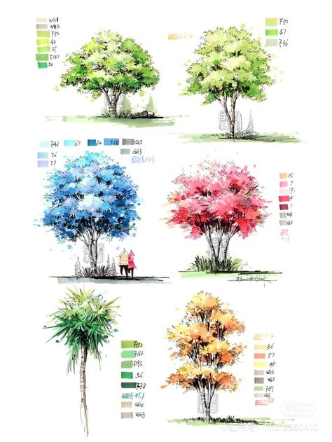 Marker Tree Drawing, How To Draw Trees With Markers, Landscape Marker Drawing, Marker Landscape, Alcohol Markers Art, How To Draw Trees, Architectural Trees, Landscape Drawing Tutorial, Draw A Tree