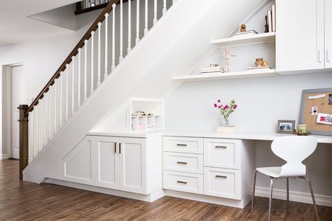 Office under Staircase with Storage and Desk File - Traditional - Home Office - San Diego - by 7 Sisters Interiors | Houzz Under Stair Office, Under Stairs Desk, Stair Office, Desk Under Stairs, Living Room Under Stairs, Office Under Stairs, Under Stairs Nook, Room Under Stairs, Stair Nook