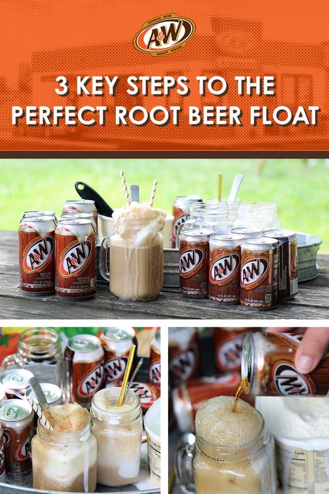 Creating the perfect root beer float is as easy as one, two, three. Just start with the classic taste of A&W root beer! Combined with an ice-cold mug and a scoop or two of vanilla ice cream, there's no better way to beat the heat this summer. My family has been loving this easy dessert recipe as a sweet Friday night tradition. Click here to see how I make this sweet treat. Rootbeer Float Bar Parties, Root Beer Float Cocktail, Spiked Root Beer Float, Dirty Root Beer Float, Root Beer Floats, Root Beer Floats Party, Root Beer Float Popsicles, Root Beer Float Pie, Root Beer Float Bar