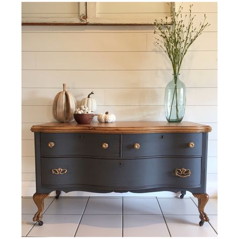 Painted Oak Dresser Ideas, Black Furniture Wood Top, Antique Blanket Chest, Grey Distressed Furniture, Antique Blanket, Restored Dresser, Black Painted Furniture, Distressed Furniture Painting, Dresser Painted