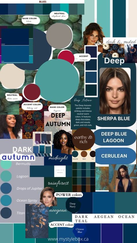 Deep Autumn Palette, Autumn Color Palette Fashion, Deep Winter Palette, Deep Autumn Color Palette, Deep Autumn, Dark Autumn, Blue Palette, Seasonal Color Analysis, Colors For Skin Tone