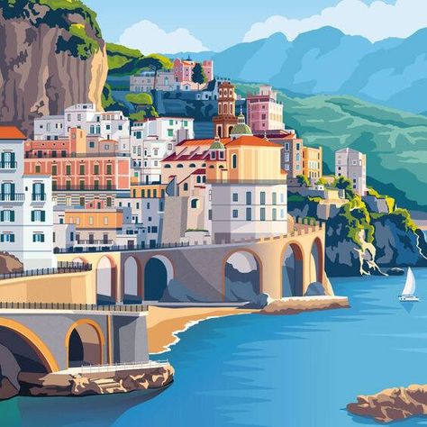 Yandex Images: search for images Italy Graphic Illustration, Amalfi Coast Art, Amalfi Illustration, Amalfi Coast Illustration, Italy Illustration Art, Amalfi Coast Painting, Italy Sketches, Urban Art Painting, Italy Illustration