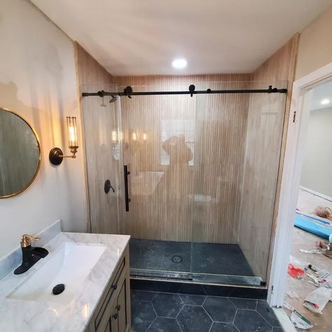 Wood Tile Shower, Kids Bathroom Remodel, Wood Wall Tiles, Shower Fixtures, Ivy Hill Tile, Modern Tiny House, Wood Look Tile, Porcelain Flooring, Farmhouse Plans