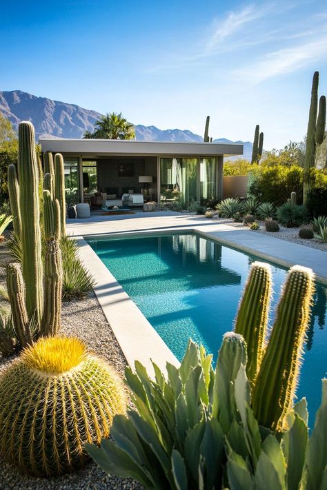 Modern house backyard pool landscape with cactus garden. Get ready to transform your pool area with landscaping ideas that bring style, function, and a touch of fun to your backyard oasis. Backyard Landscaping Dessert, Arizona Backyard With Pool, Pool Cactus Garden, Arizona Pools Backyard, Pool Walkway Pathways, Az Landscaping Ideas Backyards, Backyard Pools Ideas Inground, Arizona Landscaping Ideas Backyard, Desert Backyard Ideas Arizona