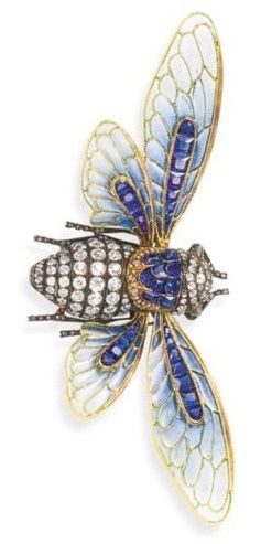 A superb enamel and gem-set Cicada brooch, by Boucheron. The wings of green and blue plique-á-jour enamel with calibré-cut sapphire detail to the old-cut diamond set body and eyes of chrysoberyl cats-eye, mounted in silver and gold, circa 1890.: Moth Brooch, Bijoux Art Deco, Bijoux Art Nouveau, Nouveau Jewelry, Insect Jewelry, Art Nouveau Jewelry, Vintage Jewels, Diamond Set, The Wings