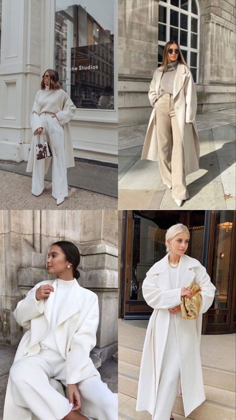 All White Outfit Fall, Luxury Casual Outfit Women, Cream Coat Outfit Winter Classy, Off White Coat Outfit, Cream Coat Outfit Winter, Beige White Outfit, Monochromatic Outfit Fall, Switzerland November, White Monochromatic Outfit