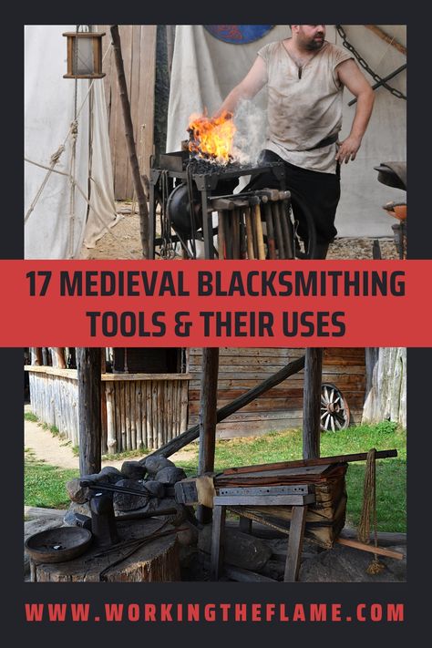 Guide to 17 medieval blacksmithing tools & what they were used for, including large and small tools such as a forge wagon & medieval bellows. Build A Forge, Forge Design, Medieval Blacksmith, Homemade Forge, Blacksmithing Tools, Diy Forge, Coal Forge, Smith Tools, Forging Tools