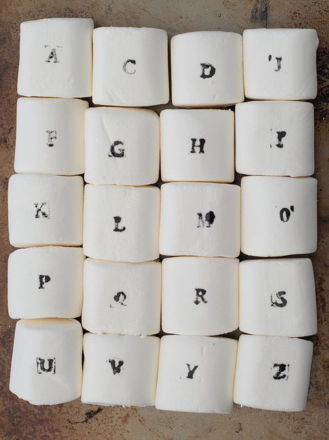 Educational and yummy! Tots are going to have so much fun spelling (and eating) with these darling alphabet-stamped marshmallows. Bento Lunches, Active Learning, Alphabet Stamps, Handmade Knives, Ramones, Wedding Catering, Marshmallows, Food Coloring, Dessert Table