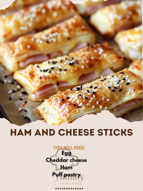 🥓 Ham and Cheese Sticks—crispy, cheesy, and packed with ham! Perfect for a tasty snack or party appetizer! 🧀🥳 #HamAndCheese #SnackTime Ham and Cheese Sticks Ingredients: Puff pastry (1 sheet, thawed) Ham (6 slices) Cheddar cheese (6 slices) Egg (1, beaten) Sesame seeds (optional) Instructions: Preheat oven to 400°F (200°C). Line a baking sheet with parchment paper. Lay out puff pastry and place ham and cheese slices on top. Fold the pastry over the filling, press edges to seal. Cut into s... Ham And Cheese Sticks, Puff Pastry Ham And Cheese, Ham Cheese Puff Pastry, Superbowl Sunday Food, Sunday Food, Superbowl Sunday, Cheese Puff, Cheese Puff Pastry, Ham Cheese