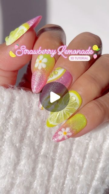 Jeanette Flores on Instagram: "🚨Summer nail trend alert🚨
3D fruit nails!! 🍋🍓🍋🍓🍋🍓 

Save & Share this delicious strawberry lemonade tutorial for your next summer set!💅🏽

What fruit should I try next? 🍇🍒🍉🍍🥝

Using @dndgel (code: JEN25)
•012 Dollhouse 
•Perfect White 156
•016 Limoncello Bling
•Mimosa 203
•Nail Art Liner Brush 11
•Top Gel No Cleanse 600 
•Rhinestone Adhesive | Clear 3D Gel

#dndgelpolish #dndgel #summernails #3dnailart #fruitnails #strawberrylemonade #lemonnails #chromenails #easynails #diynails #nailtutorials #nailvideos #easynaildesigns #ombrenails #strawberrynails #neonnails #summer2024 #glazednails #summerinspo" Pink Lemonade Nail Designs, Strawberry Lemonade Nails, Fruit Nails Design, Pink Lemonade Nails, Nail Polish Art Designs, Berry Nails, Fruit Nails, Lemon Nails, Neon Nail Designs