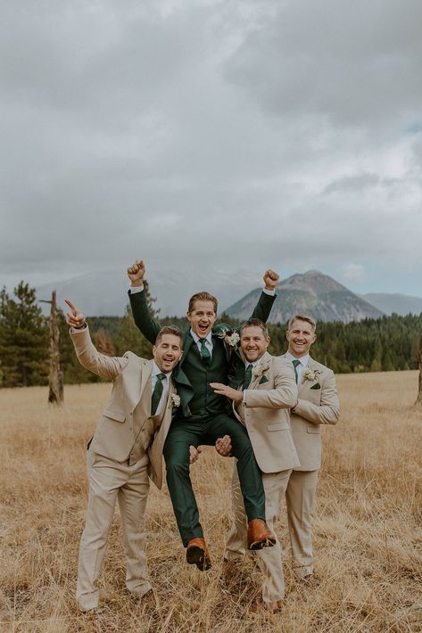 Tan Groomsmen Attire Rustic, Hunter Green Mens Suit Wedding, Khaki And Green Groomsmen, Dark Sage Green Groomsmen Attire, Green And Tan Suit Wedding, Moss Green Suit Wedding, Forest Green And Khaki Wedding, Beige And Olive Green Wedding, Groom Darker Suit Than Groomsmen