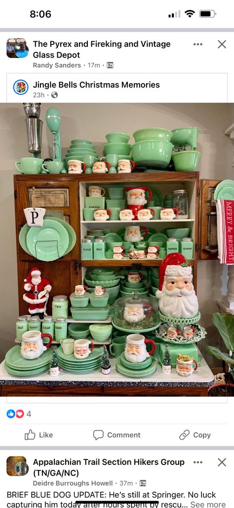 Jadeite Christmas, Antique Kitchen, Appalachian Trail, Christmas Memory, Blue Dog, Christmas Display, Vintage Dishes, Christmas Bells, Jingle Bells