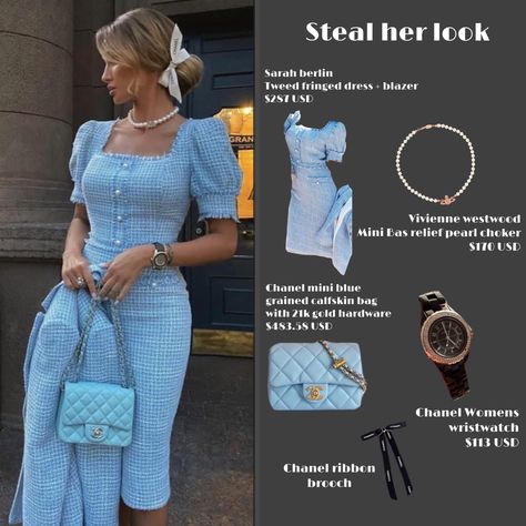 Old Money Blue Dress, Blue Chanel Dress, Old Money Blue Outfits, Chanel Old Money, Chanel Mini Dress, Tweed Dress Chanel, Tweed Dress Outfit, Old Money Dress, Steal Her Look