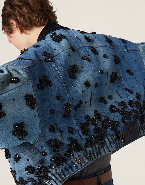 Miu Miu Embellished, Nfc Tag, Denim Projects, Velvet Collar, Concept Clothing, Denim Trucker Jacket, Scarf Top, Embellished Denim, Conscious Fashion