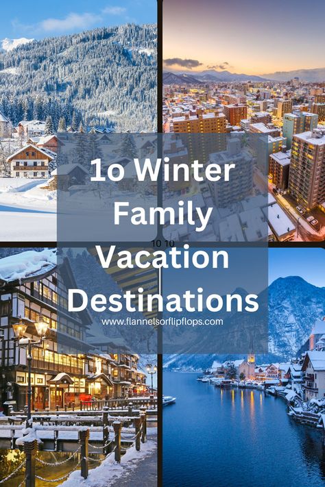 A collage featuring scenic winter family vacation destinations: a snow-covered alpine village surrounded by evergreen forests, a vibrant city blanketed in snow at sunset, a charming lantern-lit street in a snowy Japanese town, and a serene lakeside European village with snow-capped mountains. Perfect inspiration for cozy winter travel. Winter Honeymoon Destinations, Travel In Winter, Honeymoon Destinations Usa, Places To Visit In December, Winter Honeymoon, Winter Family Vacations, Best Winter Destinations, Best Winter Vacations, Vacations In The Us