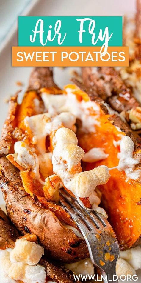 These twice baked sweet potatoes are made in the air fryer and are the perfect mini sweet potato casseroles – perfect for a side dish for any dinner or holiday meal! They are baked, then topped with a sweet brown sugar cinnamon mixture, butter, toasted marshmallows, and chopped nuts. Air Fryer Stuffed Sweet Potato, Air Fryer Candied Sweet Potatoes, Sweet Potato Air Fryer, Brown Sugar Sweet Potatoes, Potato Casseroles, Sweet Potatoes With Marshmallows, Gluten Free Recipes Side Dishes, Twice Baked Sweet Potatoes, Sweet Potato Cinnamon