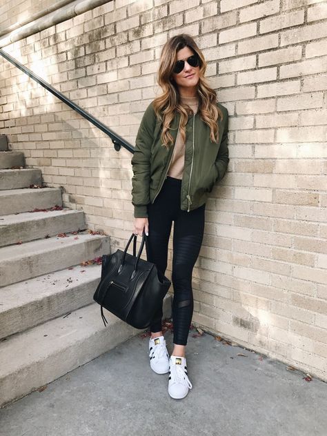 athleisure look, moto alo leggings, allstar adidas sneakers, topshop olive bomber jacket, casual ootd, céline purse Outfits With Jordan 1s Fashion Styles, Jordan Shoe, Casual Chic Outfits, Look Legging, 30 Outfits, Athleisure Trend, Pastel Outfit, Jordan 1s, Legging Outfits