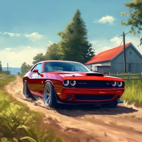 Car Art: Dodge Challenger Dodge Challenger Painting, Dodge Challenger Art, Challenger Drawing, Challenger Dodge, Dodge Car, Dodge Hellcat, Vw Mk1, Painting Art Projects, Auto Car