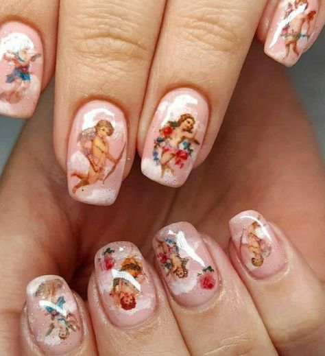 Cupid Nail Art, Angel Nails Acrylic, Sacred Heart Nail Art, Angel Nails Designs, Xg Nails, Cherub Nails, Angel Nail Art, Italy Nails, Paw Party