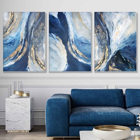 PRICES MAY VARY. ➤ 1. Blue Abstract Wall Art Size: 16x24inchx3pcs (40x60cmx3pcs), navy blue and gold art wall decor, frameless posters, customizable, perfect wall art abstract blue poster , perfect gift for friends and family. ➤ 2. Material: Navy blue and gold pictures use high quality canvas, durable, anti-wrinkle, anti-ultraviolet, non-fading. Blue modern artwork printed on high quality canvas, suitable for decorating your bedroom, living room, study or cafe. ➤ 3. Artistic Effect: Choose blue Blue Wall Pictures, Blue Grey Gold Living Room, Navy Blue Living Room Decor, Blue And Gold Living Room, Picture Wall Bedroom, Blue Kitchen Decor, Cream Living Rooms, Blue Abstract Wall Art, White Canvas Art