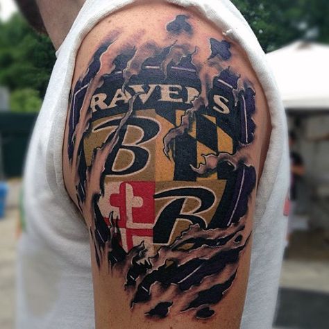 Mens Baltimore Ravens Football Ripped Skin Arm Tattoo Maryland Tattoo Men, Baltimore Ravens Tattoo Ideas, Baltimore Tattoo Ideas, Baltimore Ravens Tattoo, Football Tattoos For Men, Baltimore Orioles Tattoo, Baltimore Tattoo, Ravens Tattoo, Maryland Tattoo