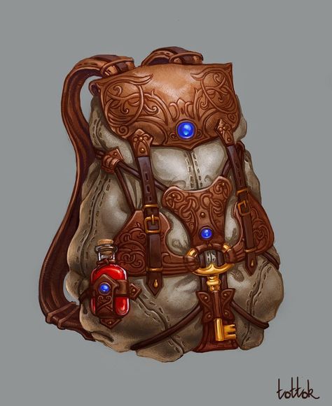 My characters generally do a lot of traveling - Travel backpack, Natali Kalashnikova on ArtStation at https://www.artstation.com/artwork/V1QK5 Props Concept, Heroic Fantasy, Fantasy Magic, Fantasy Props, 카드 디자인, Game Props, Prop Design, Arte Fantasy, 판타지 아트