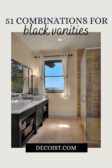 Elegant, timeless, versatile. You really can't go wrong with a black vanity, and here are all fifty-one reasons why. Master Bath With Black Vanity, Small Bathroom Black Vanity, Bathroom Ideas With Black Vanity, Espresso Vanity Bathroom Ideas, Bathrooms With Black Vanities, Black Vanity Ideas, Black Master Bath, Black Bathroom Vanity Ideas, Dark Vanity Bathroom