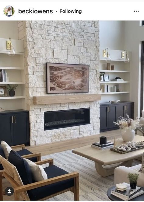 Shared House, Rustic Mantle, Shelves Living Room, Family Room Remodel, Fireplace Living Room, Fireplace Update, Split Rock, Built In Shelves Living Room, Living Room Built Ins