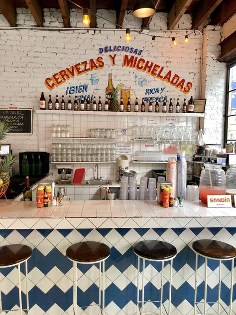 Small Mexican Restaurant Design, Small Taqueria Design, Funky Restaurant Design, Elevated Tacos, Latin Restaurant Design, Taco Restaurant Design Interiors, Taco Shop Design, Modern Taqueria, Cool Mexican Restaurant Decor