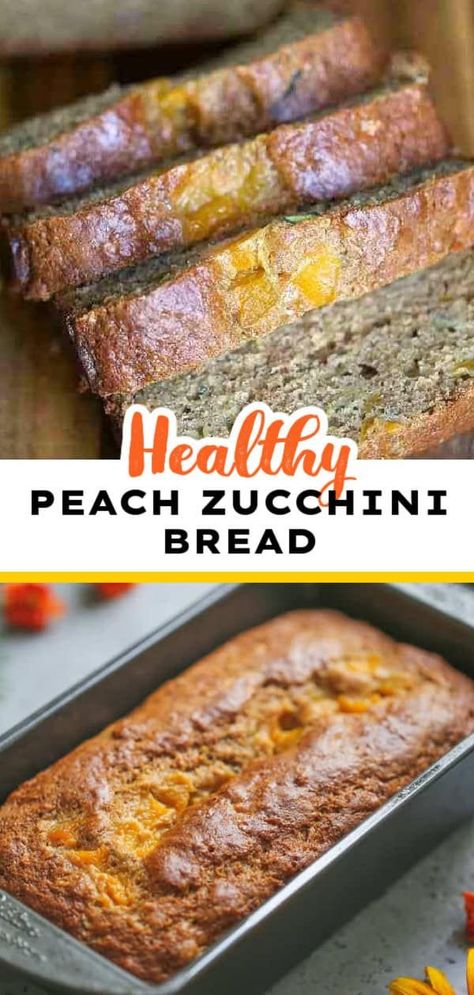 This Healthy Peach Zucchini Bread is perfect for summer-time snacking.  So good, so moist and so full of yummy, healthy ingredients that taste wonderful in this delicious quick bread. Healthy Peach Bread, Peach And Zucchini Recipes, Peach Zucchini Bread, Peach Stuff, Peach Quick Bread, Christmas Bread Recipes, Tea Breads, Zucchini Recipes Dessert, Peach Bread