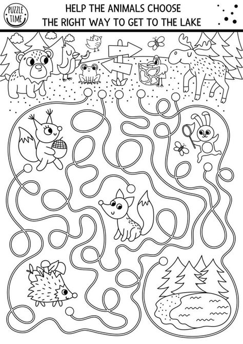 Black and white summer camp maze for children. Active holidays outline preschool printable activity. Family nature trip labyrinth or coloring page with cute woodland animals going to the lake Forest Animals Preschool Activities, Forest Worksheet, Forest Animals Preschool Crafts, Woodland Coloring Pages, Forest Animals Coloring Pages, Nature Worksheet, Forest Animals Preschool, Woodland Activities, Forest Preschool