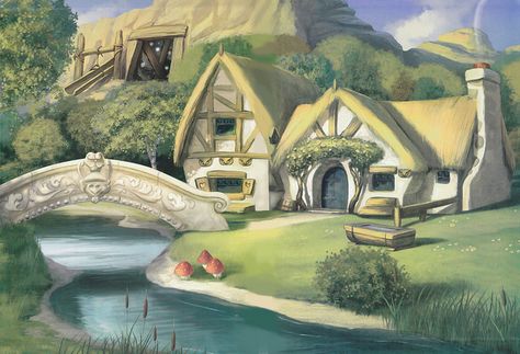 Snow White House | snow white dwarfs house+mine Snow White Wallpaper, Snow White Cottage, Bedroom Wallpaper Murals, Kids Bedroom Wallpaper, Snow White Dwarfs, House Cartoon, Disney Princess Snow White, Cartoon House, Disney Background