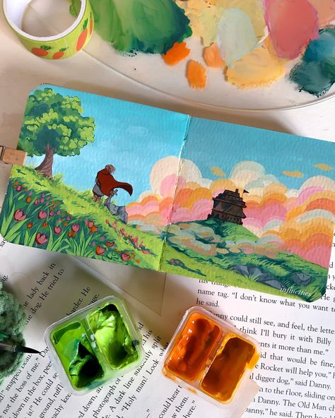 my prompt for this was ‘something that gives off the vibe to one summer’s day (this song)’ / so happy with how this turned out ✨It’s my first time (as far as I can remember) painting a scenery this small. I’m starting to love this pocket sketchbook because the spreads aren’t that intimidating to fill, although the process can be quite daunting if my illustrations need more detail. . . 🎨himi miya gouache . . . . #gouacheillustration #gouache #pocketsketchbook #illustrationart #studioghibli Small Gouache Painting, Mini Gouache Painting, Gouache Character, Himi Gouache Art, Gouche Paintings, Himi Miya Gouache, Guache Illustration, Gouache Art For Beginners, Miya Gouache