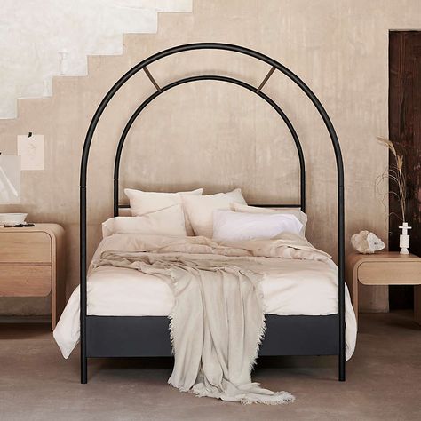 Canyon Arched Twin Black Canopy Bed with Upholstered Headboard | Crate and Barrel Arched Canopy Bed, Modern Farmhouse Furniture, Platform Bed Designs, Mediterranean Decor, Classic Bedroom, Beds And Headboards, King Headboard, Canopy Bed, Farmhouse Furniture