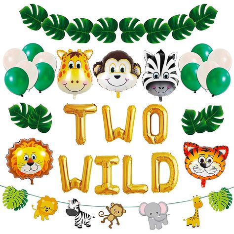 Safari Balloons, Jungle Birthday Party Decorations, Three Birthday, Safari Balloon, Jungle Theme Birthday Party, Animal Balloons, Artificial Palm Leaves, Wild Birthday Party, Jungle Theme Birthday