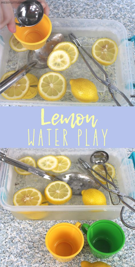 Preschool Lemon Activities, Lemonade Sensory Play, Citrus Sensory Bin, Wonderful Water Activities For Toddlers, Water Lesson Plans For Toddlers, Lemon Theme Preschool Activities, Waterplay Ideas Preschool, Lemon Sensory Play, Lemonade Activities For Toddlers