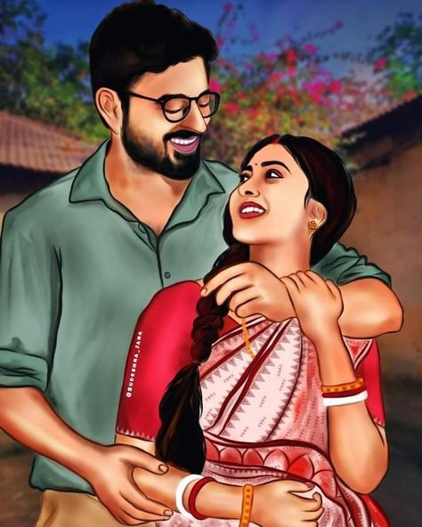 LOVE PIC Indian Couple Drawing Art, Navnath Photo, Indian Couple Illustration, Indian Couple Painting Romantic, Romance Sketch, Kids Village, Bengal Art, Love Pic, Romantic Drawing