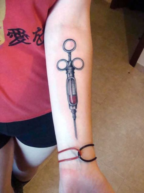 Syringe Tattoo, Chris Tattoo, Nurse Symbol, Nurse Tattoo, Medical Tattoo, Tattoo Arm, Symbol Tattoos, Tattoo Designs And Meanings, Body Mods