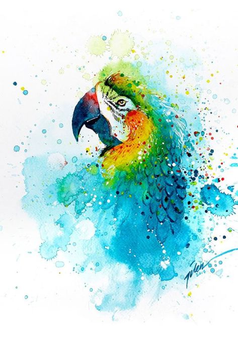 As coloridas aquarelas com pinturas de animais de Tilen Ti Burung Beo, Parrot Painting, Cat Air, Seni Cat Air, Urban Sketchers, Lukisan Cat Air, Watercolor Splash, Arte Inspo, Arte Animal