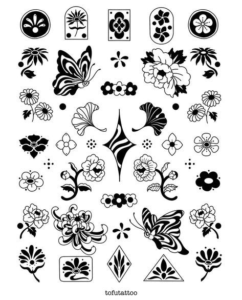 Flower Doodles Tattoo, Tattoo Beginner Ideas, Tattoo Flash Border, Mini Doodle Tattoo, Free Tattoo Designs Printables, Simple Filler Tattoos, Tattoo Flash Simple, Ceramic Tile Tattoo, Tramp Stamp Flowers