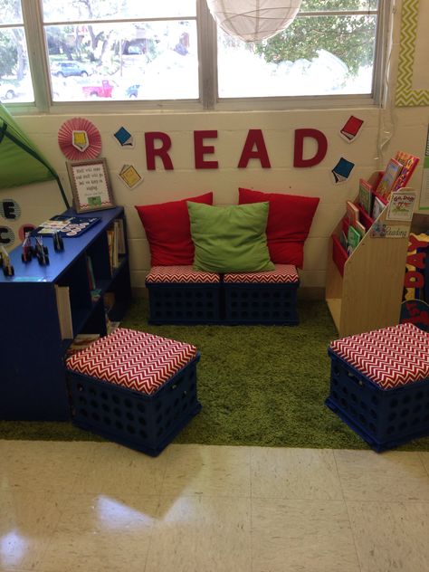 Preschool Kindergarten Classroom Decorating Classroom Set Up - Reading Center Book Nook Kindergarten Classroom, Prek Library Center Ideas, Preschool Classroom Set Up Layout Decorating Ideas, Prek Reading Center, Pre K Classroom Set Up Centers, Library Center Preschool, Reading Center Preschool, Preschool Library Center Ideas, Reading Center Ideas