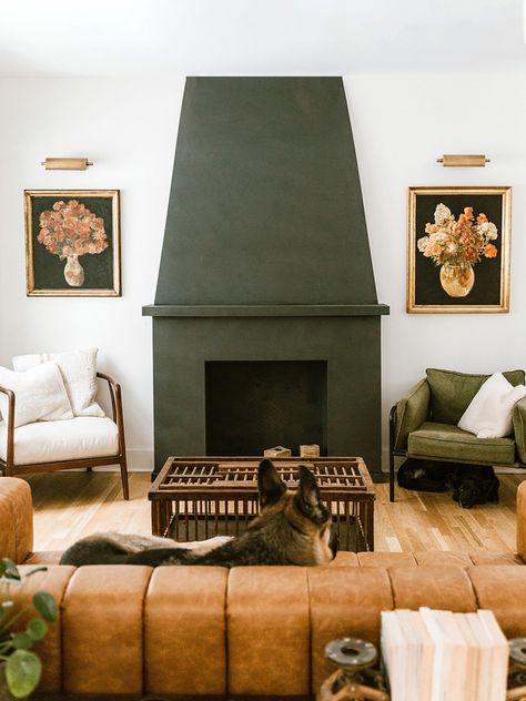 This color green would like really nice on your built-in bookshelves on each side of the fireplace. Southwestern Fireplace, Chalet Remodel, Faux Concrete Fireplace, Faux Fireplace Ideas, Fireplace Inspiration, Fireplace Diy, Modern Chalet, Faux Fireplace Diy, Basement Living