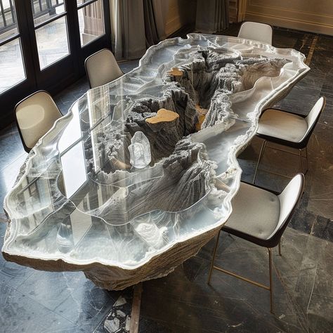 Experience the rugged elegance of nature with our geode-inspired dining table. Crafted with precision and artistry, its polished surface mirrors the intricate patterns and vibrant hues found within a geode. Elevate your dining experience with this unique masterpiece that brings the wonder of the natural world into your home. Conceptual AI Art Follow @ecosapiens for more! Geode Interior Design, Luxury Table Design, Dinning Table And Chairs, Furniture Inspired By Nature, Dining Tables Ideas, Unique Table Design, Interior Design Unique, Crystal Furniture, Unique Dining Table