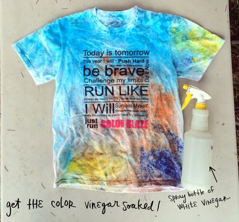 use vinegar to save the color powder on your tshirt Color Run Outfit Ideas, Color Run Shirt Ideas, Sports Event Tri-blend T-shirt With Text Print, Color Run Outfit, Color Run Shirts, Functional T-shirt For Running Sports Season, Color Run Powder, Pre-shrunk Short Sleeve T-shirt For Awareness Events, Bubble Run