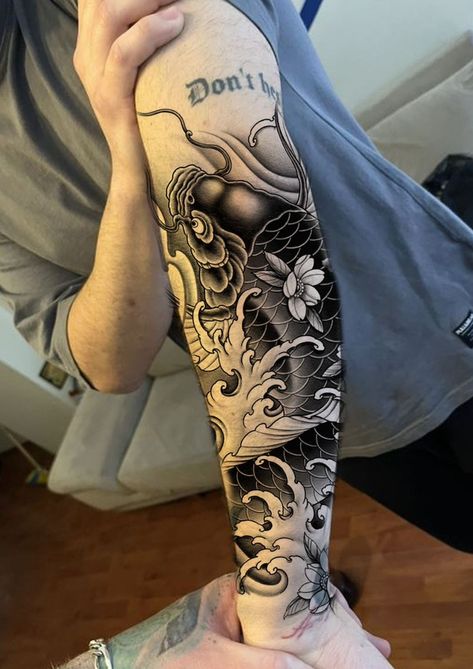 Japanese Inner Arm Tattoo, Forearm Tattoo Men Sleeve Japanese, Black And Grey Japanese Sleeve, Japanese Arm Tattoo Men, Japanese Forearm Tattoo Design, Tattoo Half Sleeves Men, Japanese Style Tattoo Sleeve, Japanese Tattoo Koi Fish, Japanese Arm Sleeve